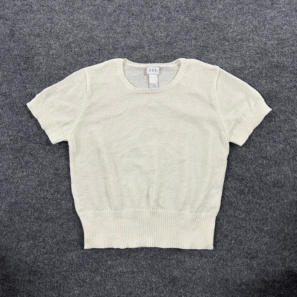 CLC Sweater Womens Size L Cream Short Sleeve Knit Crew Neck Ribbed Hem 74138